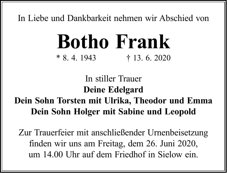 Traueranzeige Botho Frank