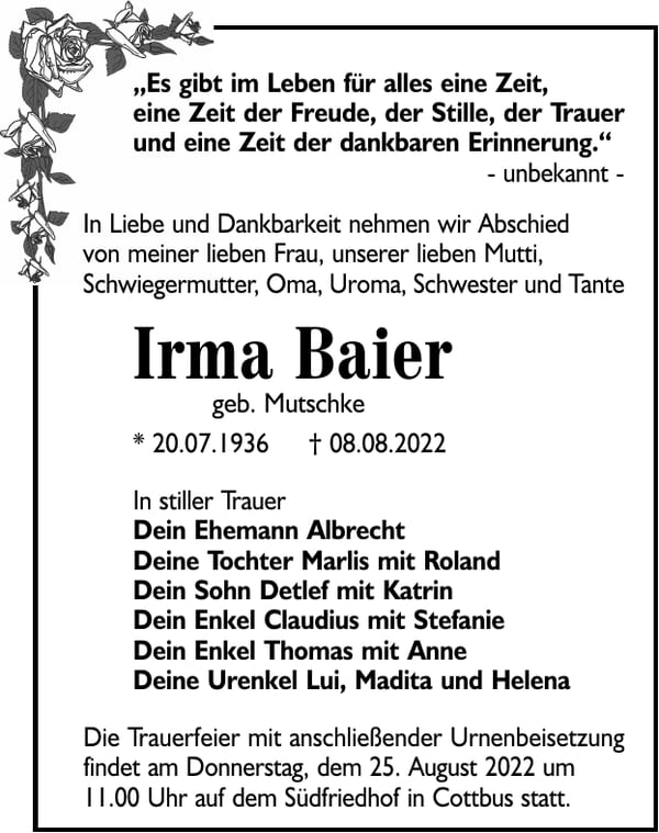 Traueranzeige Irma Baier, geb. Mutschke
