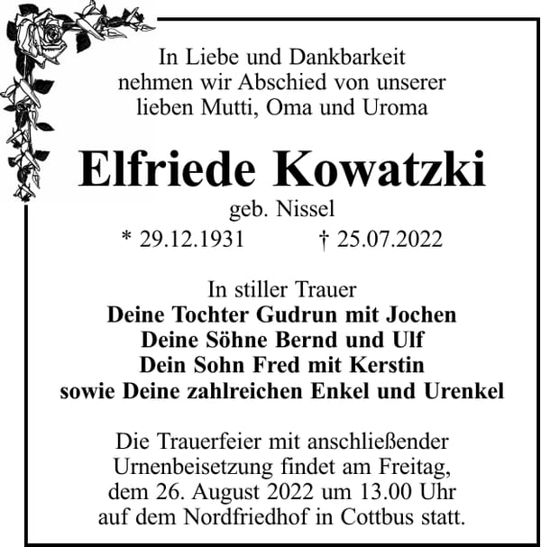 Traueranzeige Elfriede Kowatzki, geb. Nissel