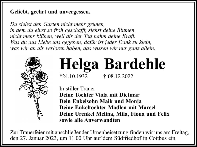 Traueranzeige Helga Bardehle