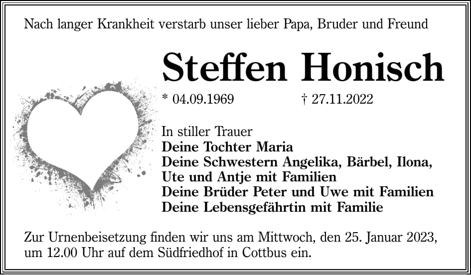 Traueranzeige Steffen Honisch