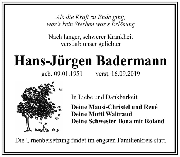 Traueranzeige Hans-Jürgen Badermann