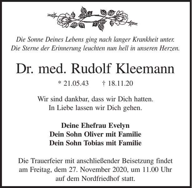 Traueranzeige Dr. med. Rudolf Kleemann