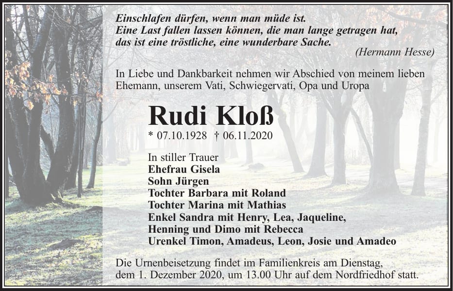 Traueranzeige Rudi Kloß
