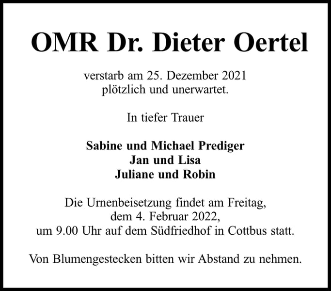 Traueranzeige OMR Dr. Dieter Oertel