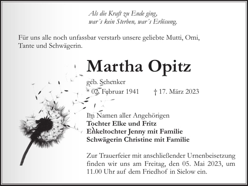 Traueranzeige Martha Opitz, geb. Schenker