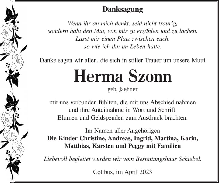 Danksagung Herma Szonn, geb. Jaehner