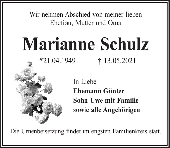 Traueranzeige Marianne Schulz