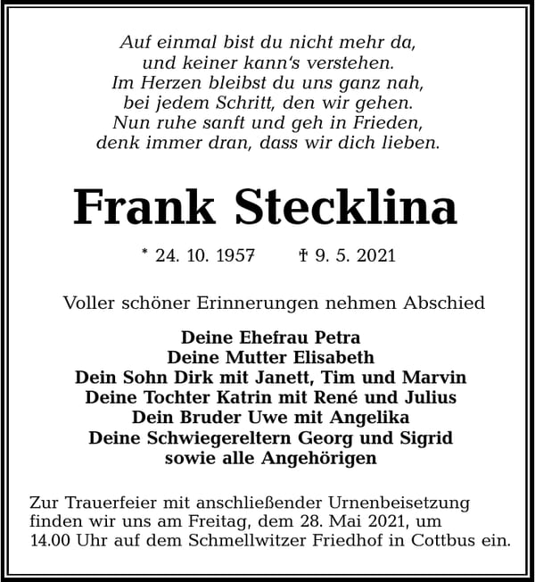 Traueranzeige Frank Stecklina