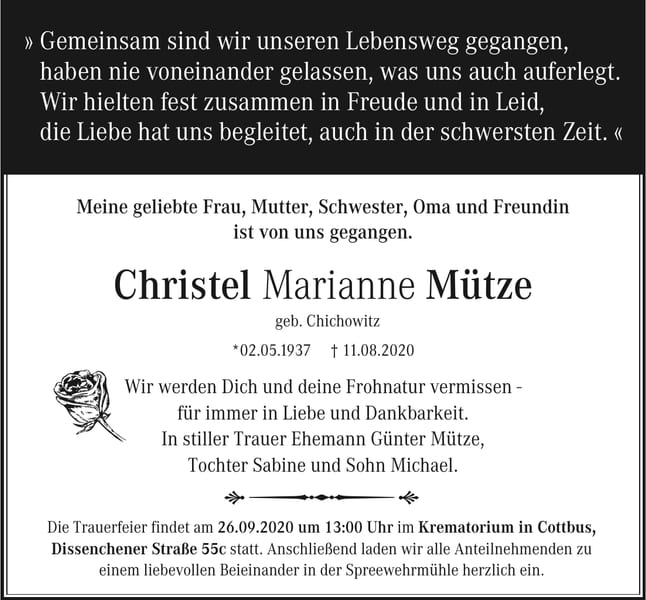 Traueranzeige Christel Marianne Mütze, geb. Chichowitz