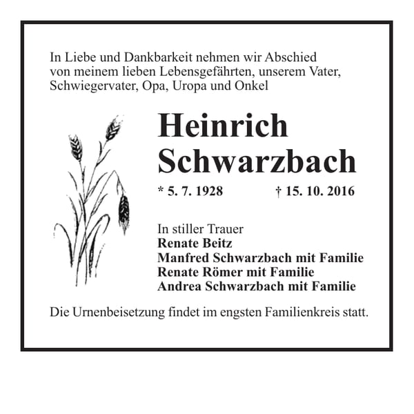 Traueranzeige Heinrich Schwarzbach