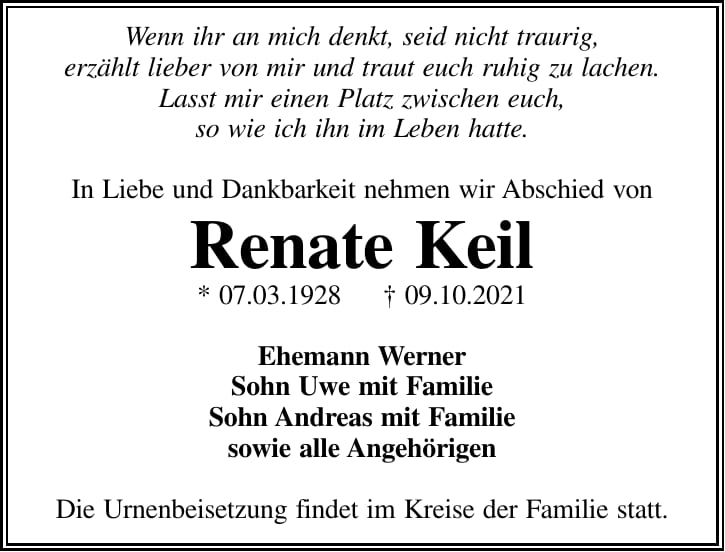 Traueranzeige Renate Keil