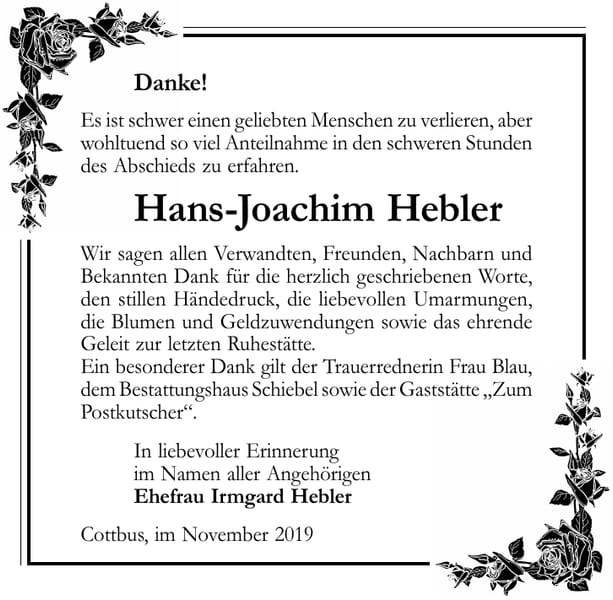 Danksagung Hans-Joachim Hebler