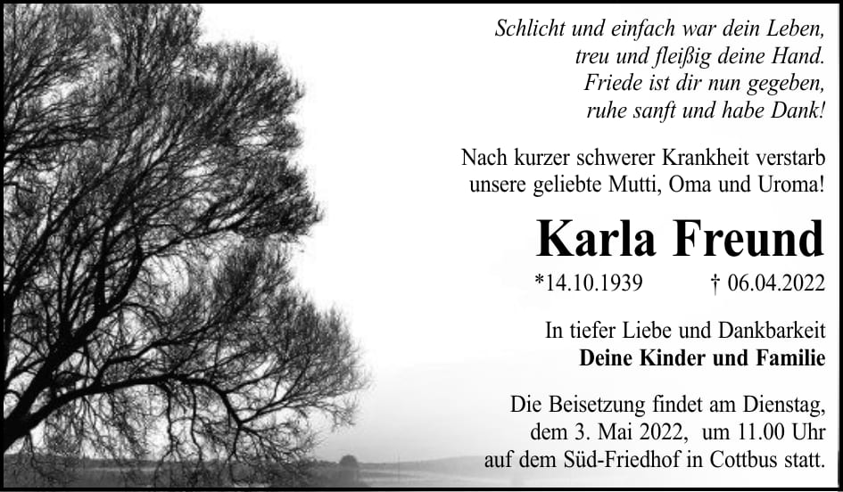 Traueranzeige Karla Freund