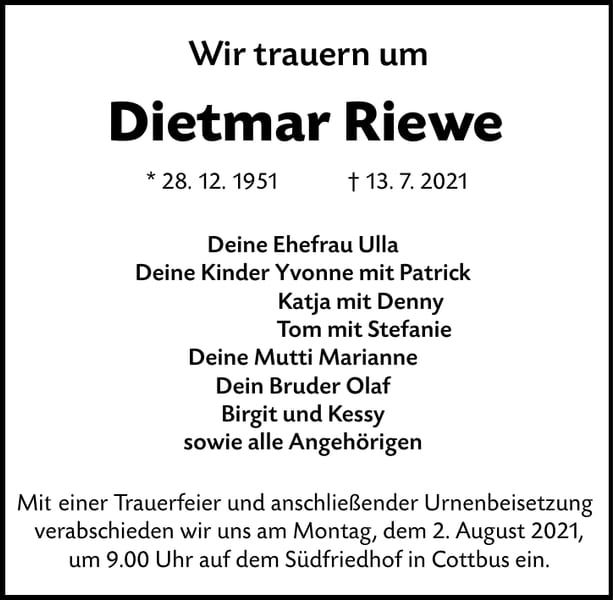Traueranzeige Dietmar Riewe