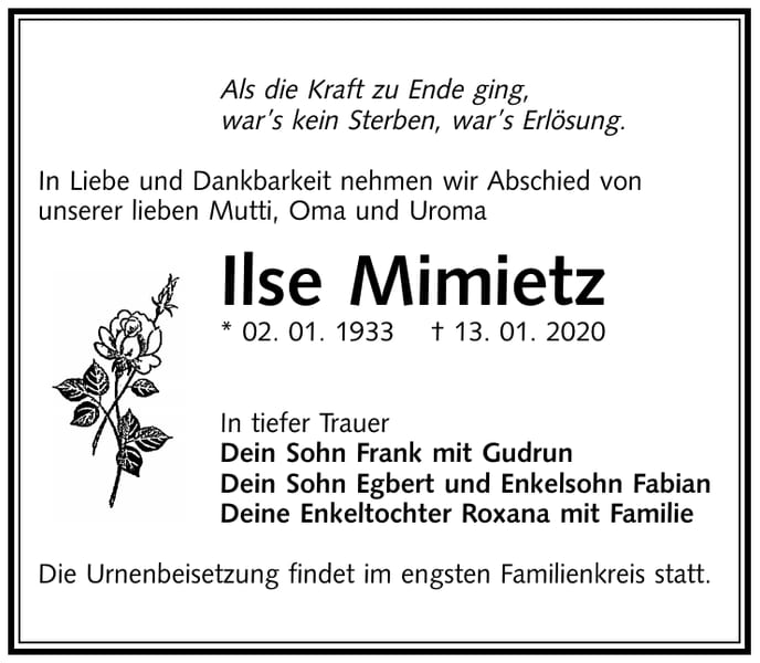 Traueranzeige Ilse Mimietz