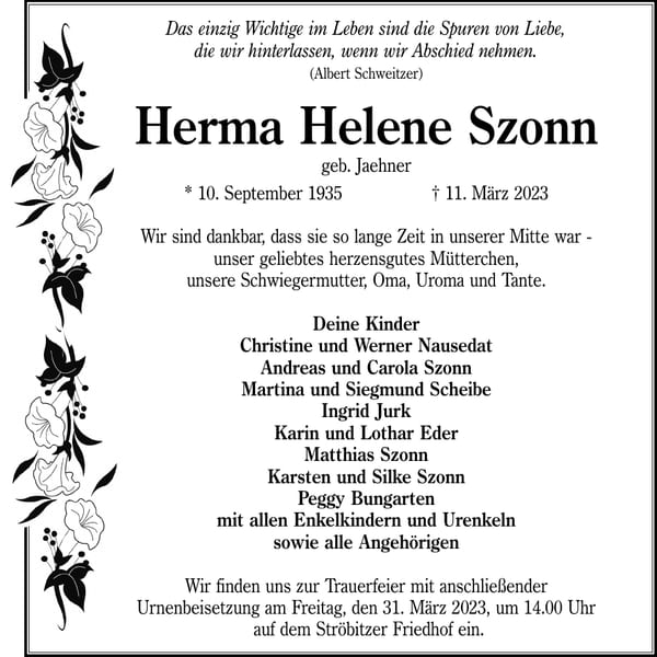 Traueranzeige Herma Helene Szonn, geb. Jaehner