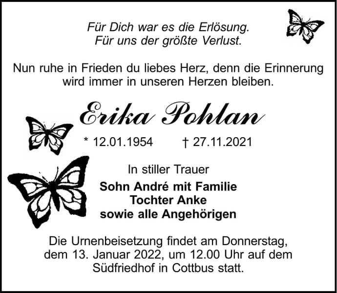 Traueranzeige Erika Pohlan