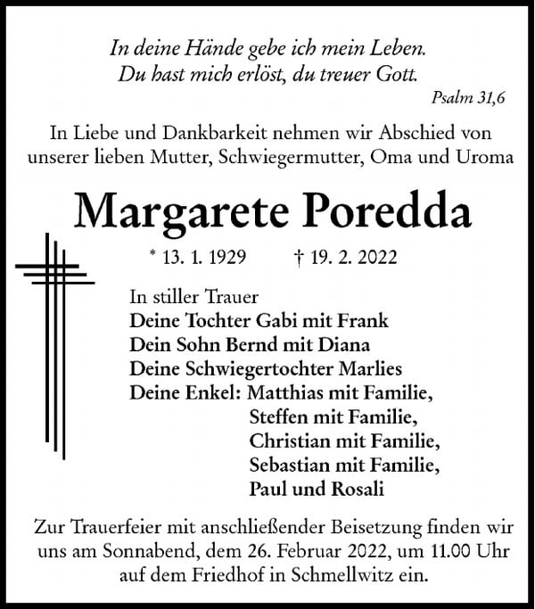 Traueranzeige Margarete Poredda