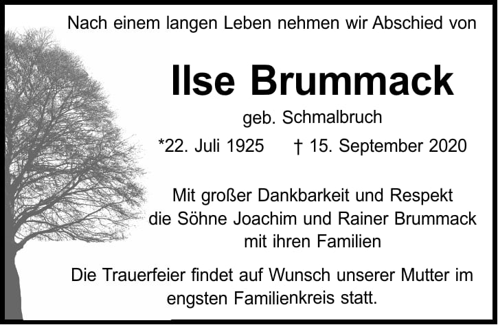 Traueranzeige Ilse Brummack, geb. Schmalbruch