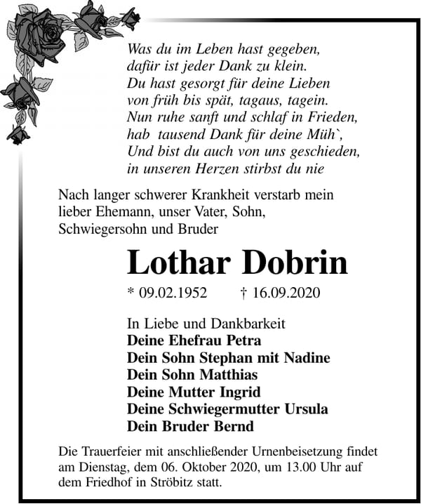 Traueranzeige Lothar Dobrin