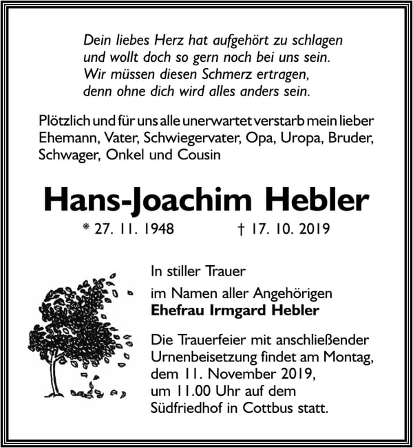 Traueranzeige Hans-Joachim Hebler