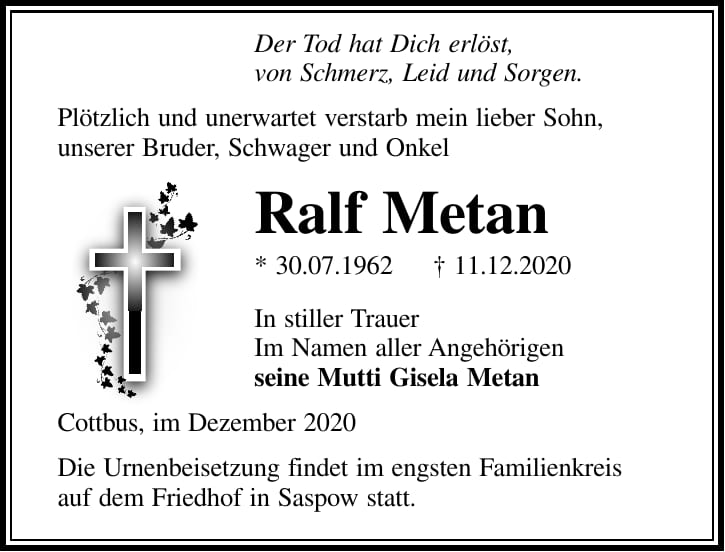 Traueranzeige Ralf Metan