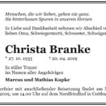 Traueranzeige Christa Branke