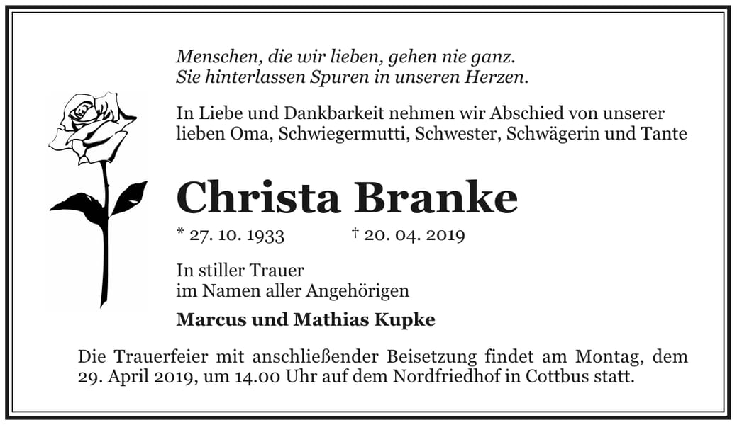 Traueranzeige Christa Branke