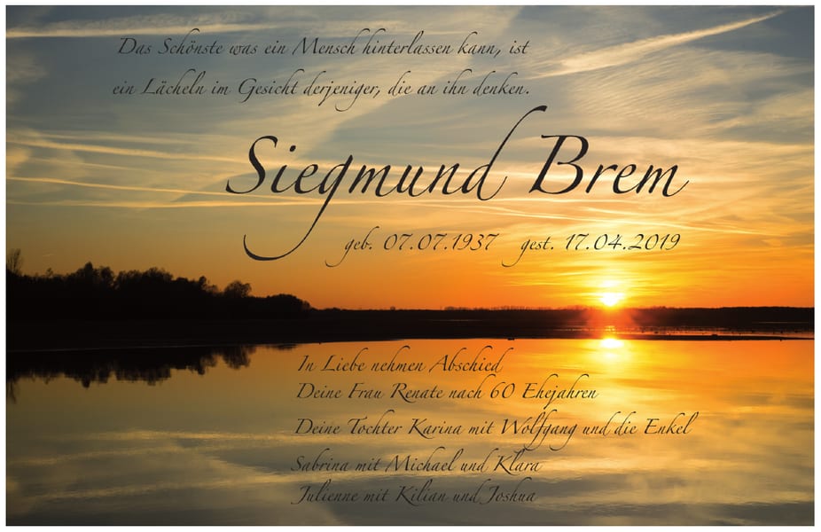 Traueranzeige Siegmund Brem
