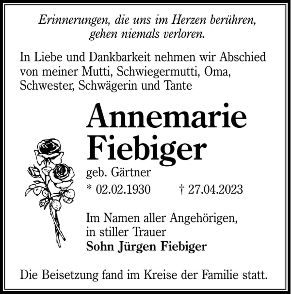 Traueranzeige Annemarie Fiebiger, geb. Gärtner