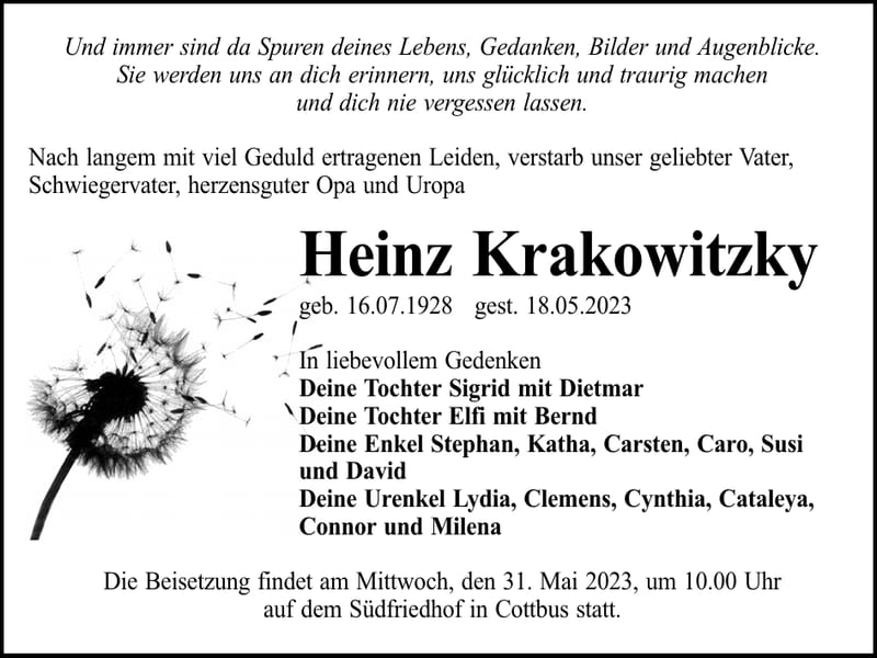 Traueranzeige Heinz Krakowitzky