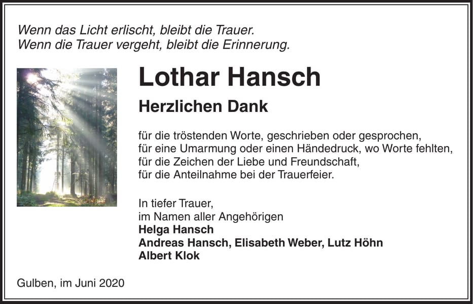 Danksagung Lothar Hansch