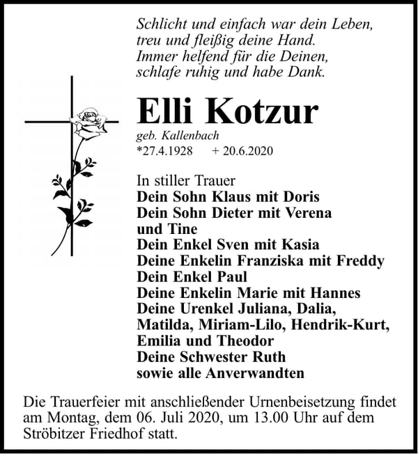 Traueranzeige Elli Kotzur, geb. Kallenbach