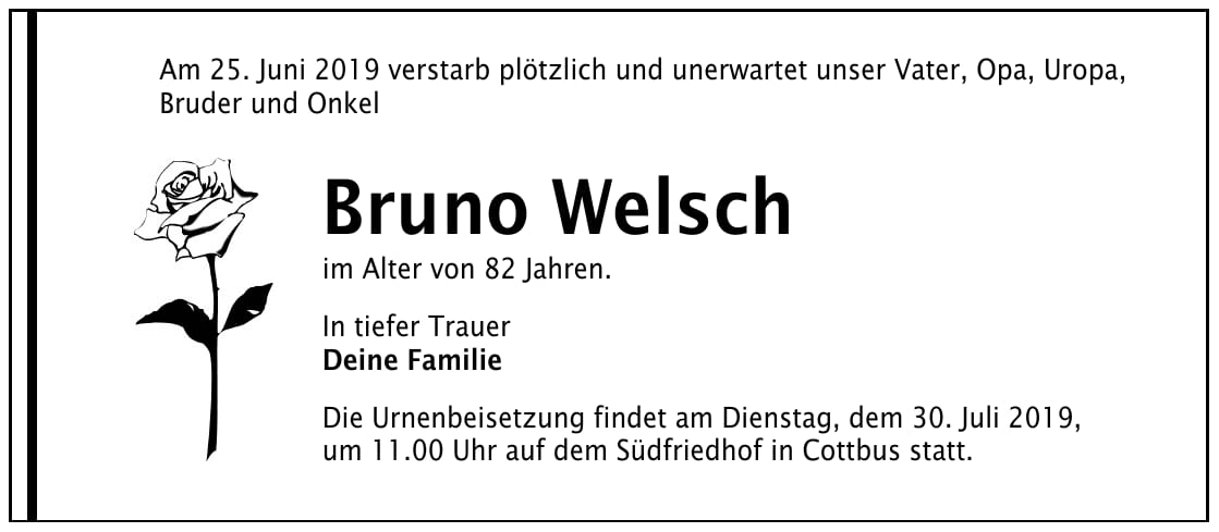 Traueranzeige Bruno Welsch