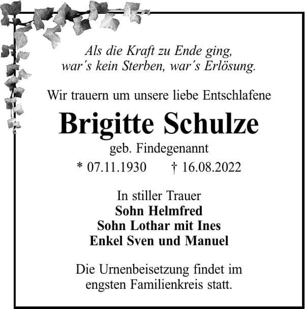 Traueranzeige Brigitte Schulze, geb. Findegenannt