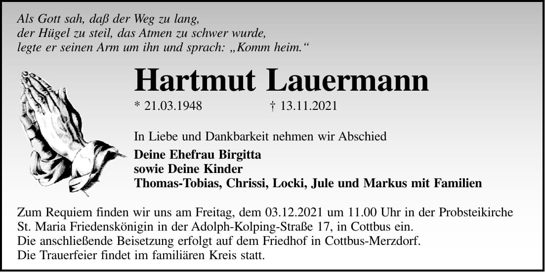 Traueranzeige Hartmut Lauermann