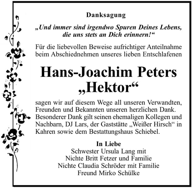 Danksagung Hans-Joachim Peters