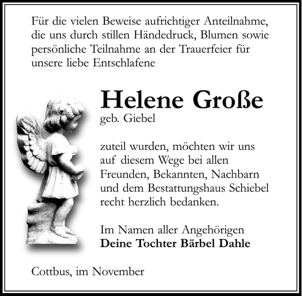 Danksagung Helene Große, geb. Giebel