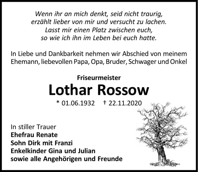 Traueranzeige Lothar Rossow