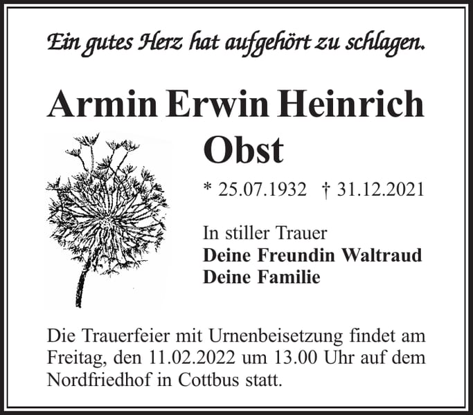 Traueranzeige Armin Erwin Heinrich Obst