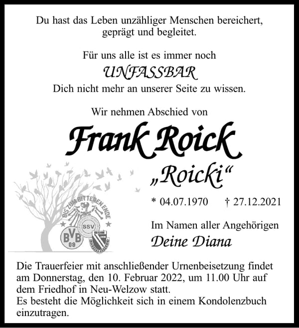 Traueranzeige Frank Roick „Roicki“
