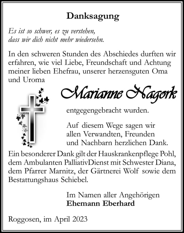 Danksagung Marianne Nagork