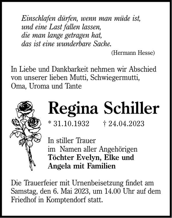 Traueranzeige Regina Schiller