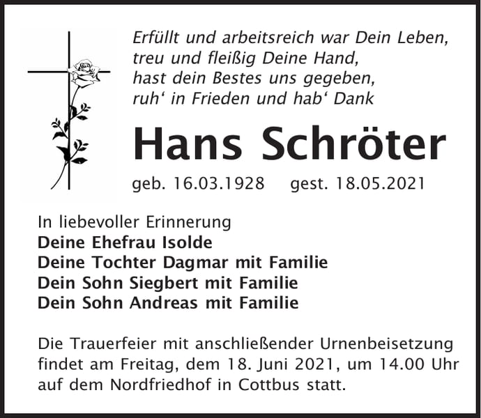 Traueranzeige Hans Schröter