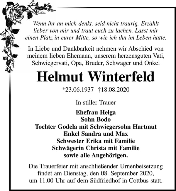 Traueranzeige Helmut Winterfeld