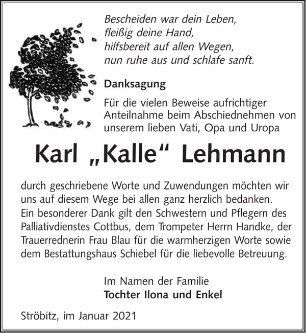 Danksagung Karl „Kalle“ Lehmann