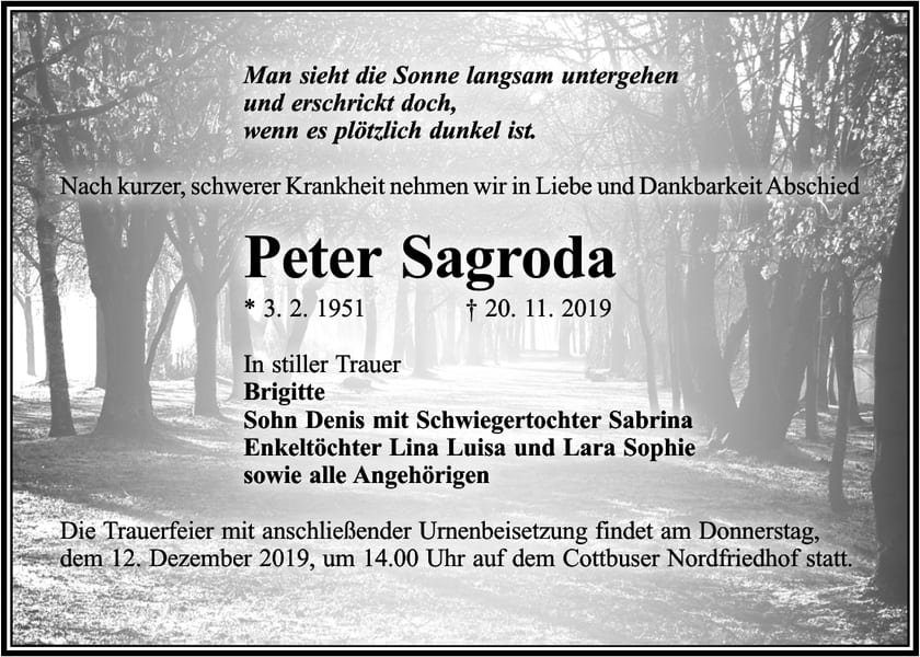 Traueranzeige Peter Sagroda
