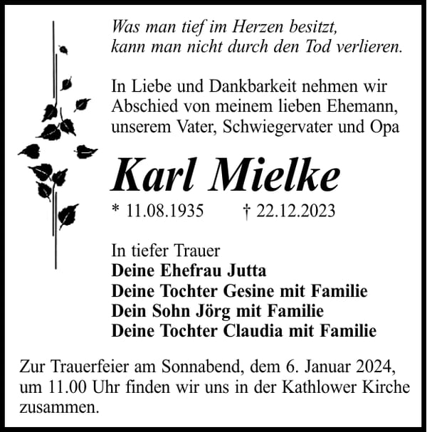Traueranzeige Karl Mielke