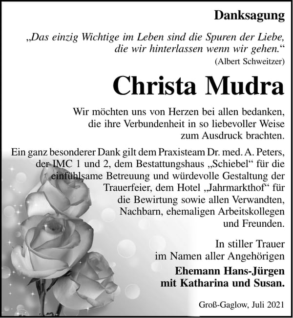 Danksagung Christa Mudra